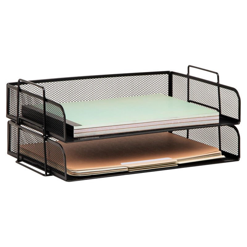 Mind Reader Stackable Paper Tray, Desktop Organizer, File Storage, Office, Metal Mesh, 13.25" L x 9.75" W x 6.25" H, 2 Pcs., Black - Image 1